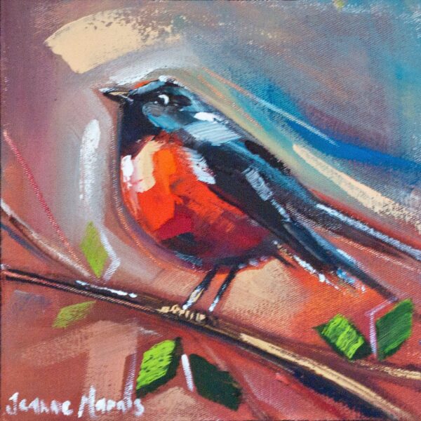 Red Finches right - Giclée Print of a vibrant painting of a bird with a bright red chest perched on a branch. The background features bold, swirling blue and peach tones, creating a lively and dynamic feel