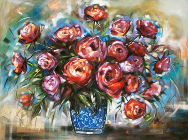 Red in Blue Roses - Giclée print of a vibrant bouquet of red roses in a blue-patterned vase. The impressionist style uses bold brushstrokes, creating a lively and dynamic composition