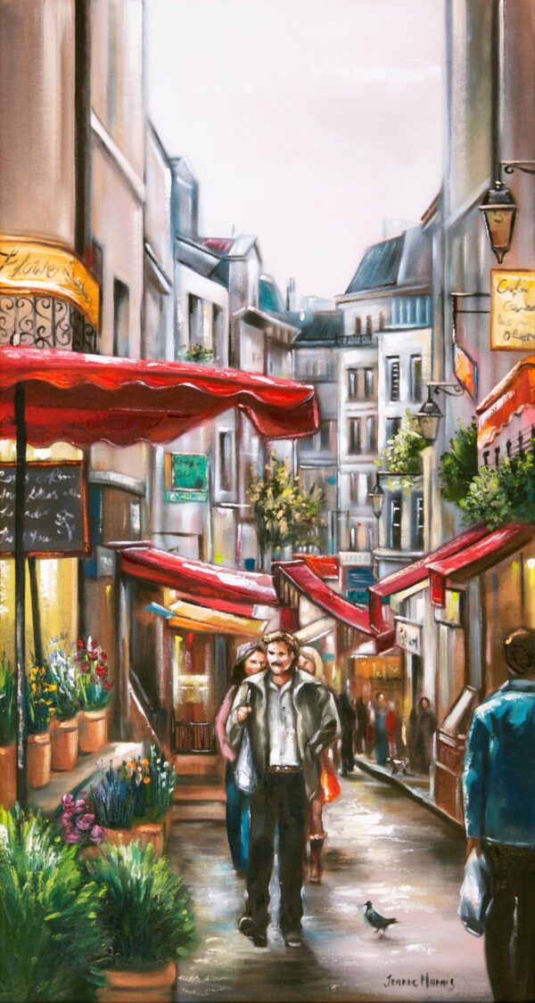 Red Pergolas - Giclée print of oil painting of a lively city street scene with couples walking under vibrant red awnings. The cobblestone path is lined with colorful flowers and shops, evoking romance and charm