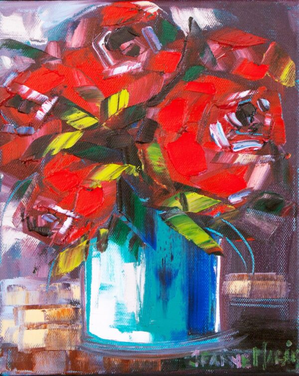 Red Roses one - Giclée print of a bouquet with vibrant red roses in a blue vase. Thick brushstrokes and bold colors evoke a lively, dynamic atmosphere