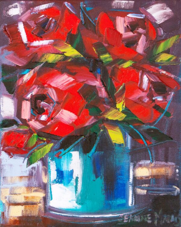 Red Roses two - Giclée print of a bouquet with vibrant red roses in a blue vase. Thick brushstrokes and bold colors evoke a lively, dynamic atmosphere