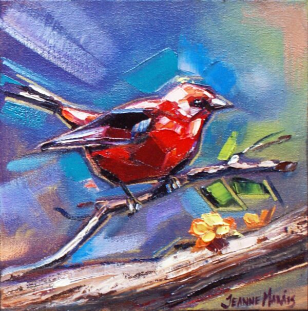 Red Starlings left - Giclée Print of a vibrant painting of a bright red bird perched on a branch. The background features bold, swirling blue and purple tones, creating a lively and dynamic feel