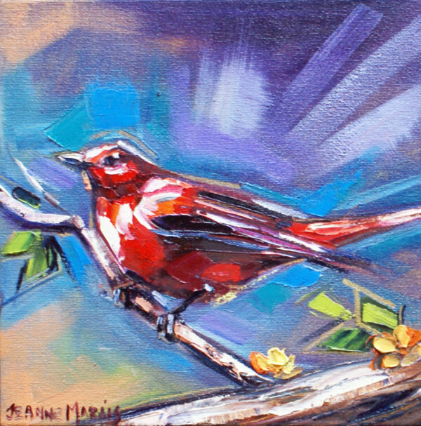 Red Starlings right - Giclée Print of a vibrant painting of a bright red bird perched on a branch. The background features bold, swirling blue and purple tones, creating a lively and dynamic feel