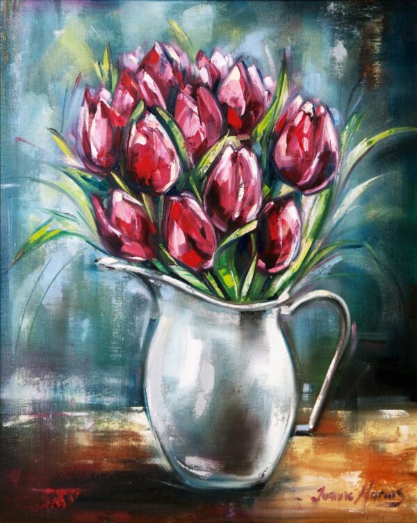 Red Tulips - Giclée print of red tulips in a silver pitcher against a textured, abstract background. The scene feels lively and expressive with bold brushstrokes
