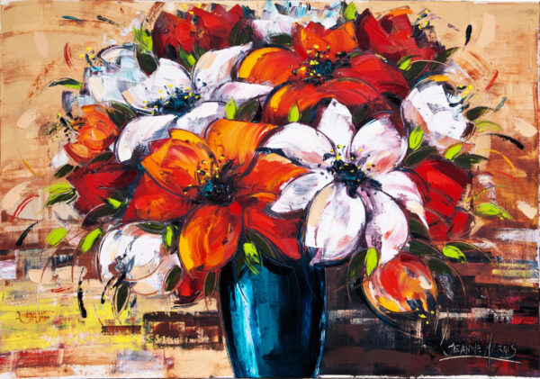 Red & White Boast - Giclée print of a floral arrangement in a blue vase, featuring bold red and white flowers with expressive brushstrokes, conveying a lively, energetic tone