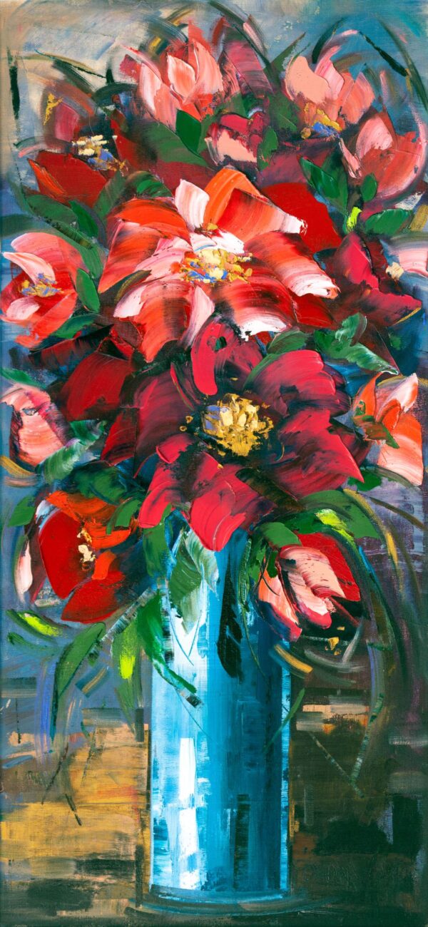 Reds in Blue - Giclée print of red and pink flowers in a blue vase. The bold brushstrokes and vivid colors create a lively, energetic atmosphere
