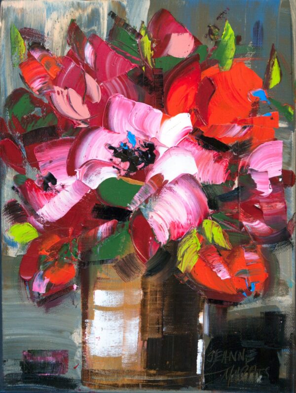 Reds in Brown one - Giclée print of a vibrant a bouquet in a brown vase, featuring bold, expressive brushstrokes. Red and pink petals mix with green leaves, conveying energy