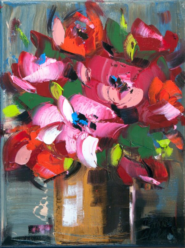 Reds in Brown two - Giclée print of a vibrant a bouquet in a brown vase, featuring bold, expressive brushstrokes. Red and pink petals mix with green leaves, conveying energy