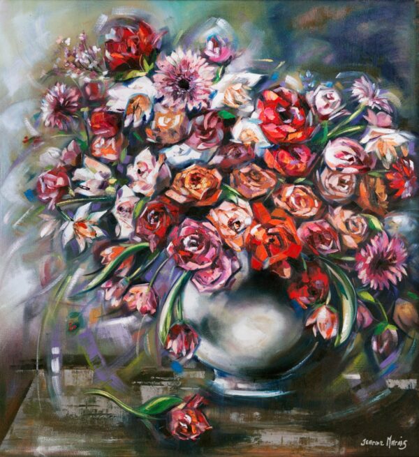 Rose Active - Giclée print of a bouquet in a vase, featuring bold, expressive brushstrokes. Red and pink petals mix with green leaves, conveying energy