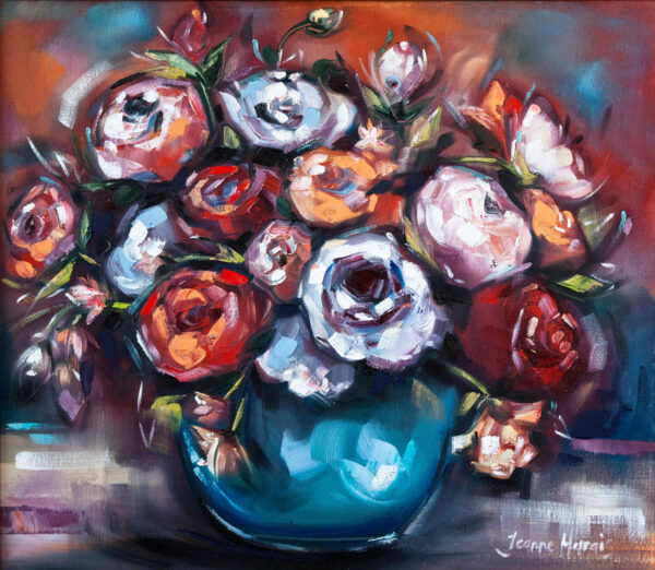 Rose Bounty - Giclée print of a vibrant bouquet of abstract roses in pink, red, and orange hues fills a blue vase. Bold brushstrokes and rich colors convey an energetic, lively mood