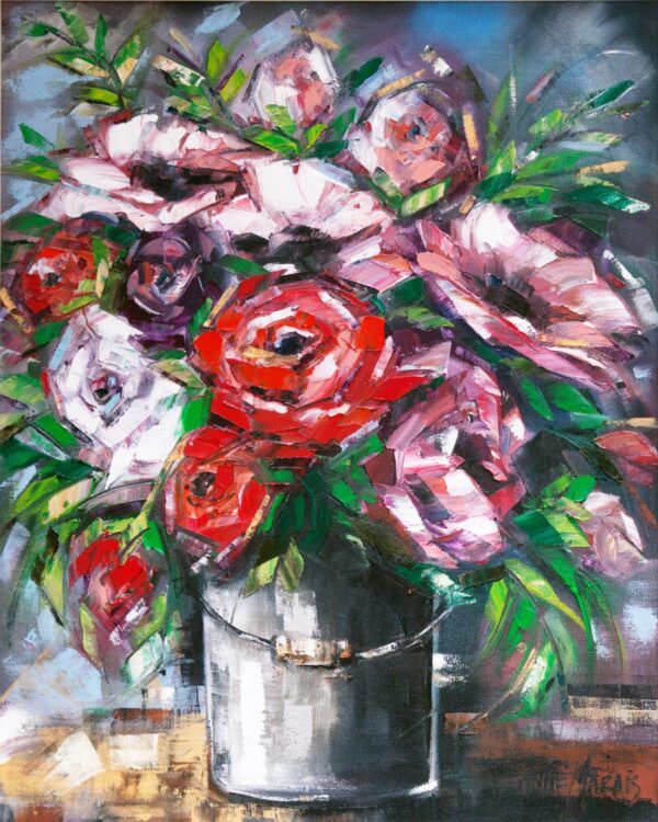Rose Clique - Giclée print of a vibrant bouquet of red and pink roses with green leaves in a silver bucket. The bold brushstrokes and bright colors evoke a lively, expressive mood