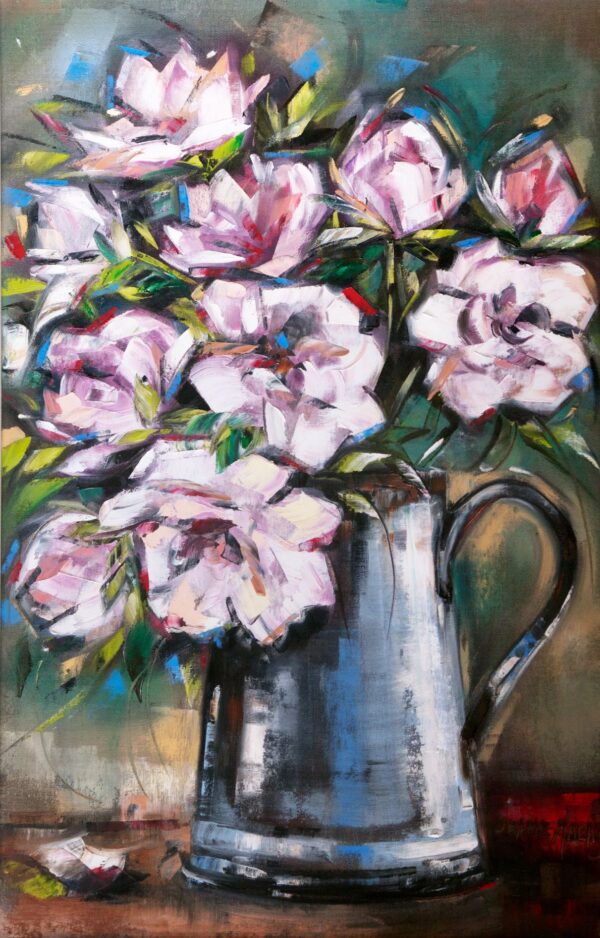 Rose Cloud - Giclée print of a metal pitcher holding white and pink roses with green leaves on a wooden table. The background is a blend of earthy and teal tones
