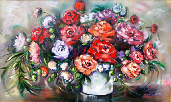 Rose Elegance - Giclée print of a vibrant bouquet of red, pink, and purple roses in a white vase, surrounded by lush green leaves. The painting exudes a lively, cheerful tone