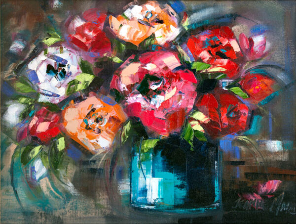 Rose Gem - Giclée print of red, pink, and orange flowers in a teal vase. Bold, expressive brushstrokes convey energy and liveliness, set against a dark backdrop