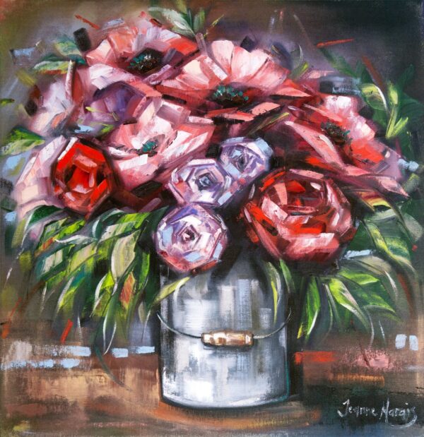 Rose Jug - Giclée print of a rose bouquet in a silver pot. Features pink and red flowers with green leaves, exuding a lively, textured impressionistic style