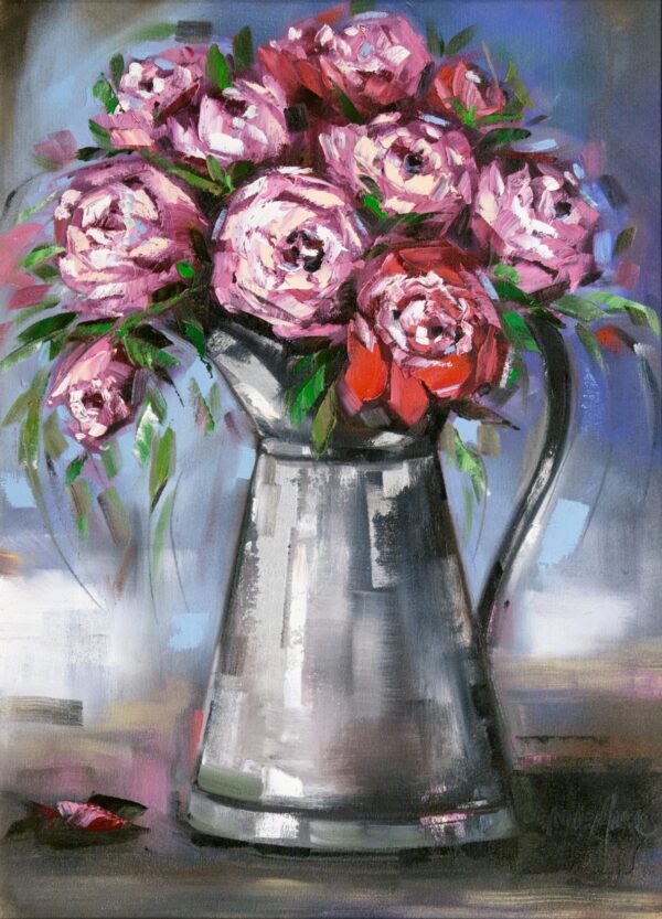 Rose Kettle - Giclée print of pink and red peonies in a silver jug. Brushstrokes are bold, with green leaves. The background is abstract and colorful