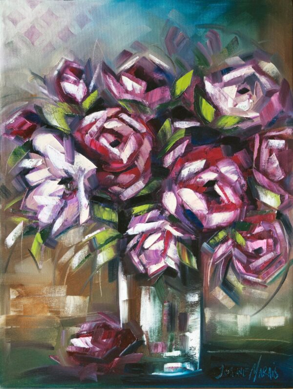 Rose Madder A - Giclée print of a pink rose bouquet green leaves in a glass vase. The colors blend dynamically, creating a lively, expressive feel