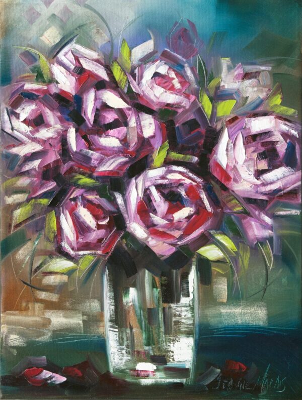 Rose Madder B - Giclée print of a pink rose bouquet green leaves in a glass vase. The colors blend dynamically, creating a lively, expressive feel