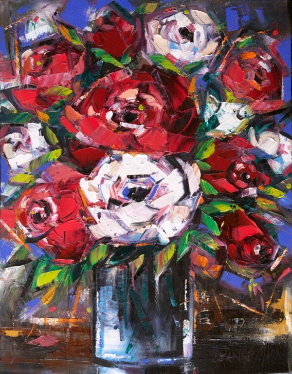 Rose Measure - Giclée print of a vibrant bouquet of red and white roses with lush green leaves in a glass vase. The textured oil painting has a bold, dynamic, and lively feel