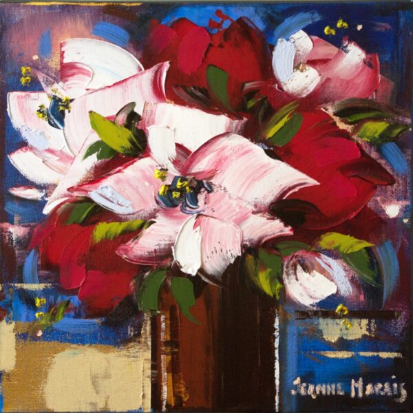 Rose Nights one - Giclée print of oil painting featuring red and pink blossoms with green leaves, set against a dynamic blue and beige abstract background. Energetic and bold
