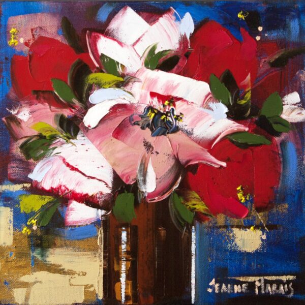 Rose Nights two - Giclée print of oil painting featuring red and pink blossoms with green leaves, set against a dynamic blue and beige abstract background. Energetic and bold