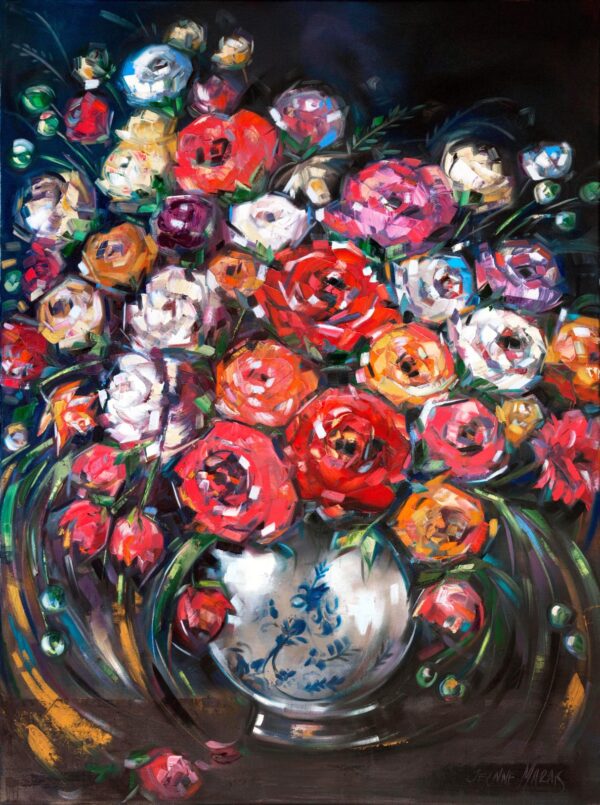 Rose Power - Giclée print of oil painting of a bouquet of roses in red, pink, white, and orange. They overflow from a blue and white vase on a dark background. Bold brushstrokes convey energy and richness