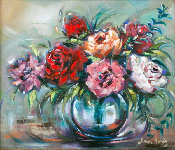 Rose Reward - Giclée print of a bouquet in a glass vase, featuring red, pink, and peach roses with lush green leaves. The bold brushstrokes create a lively, energetic feel