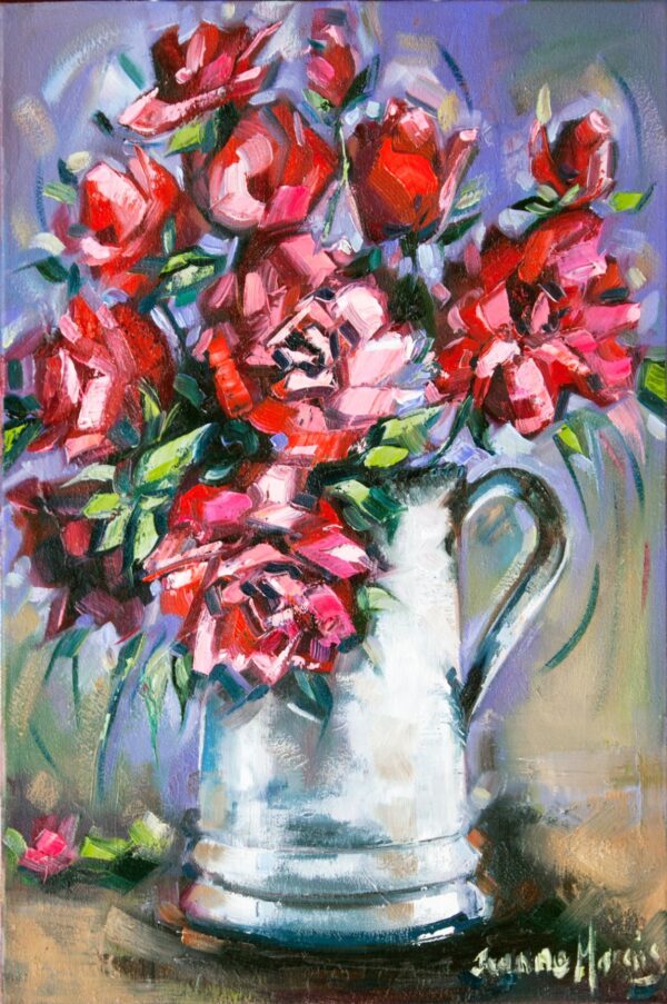 Rose Stance - Giclée print of vibrant red and pink roses in a rustic white jug against a soft purple background, conveying a lively and joyful mood