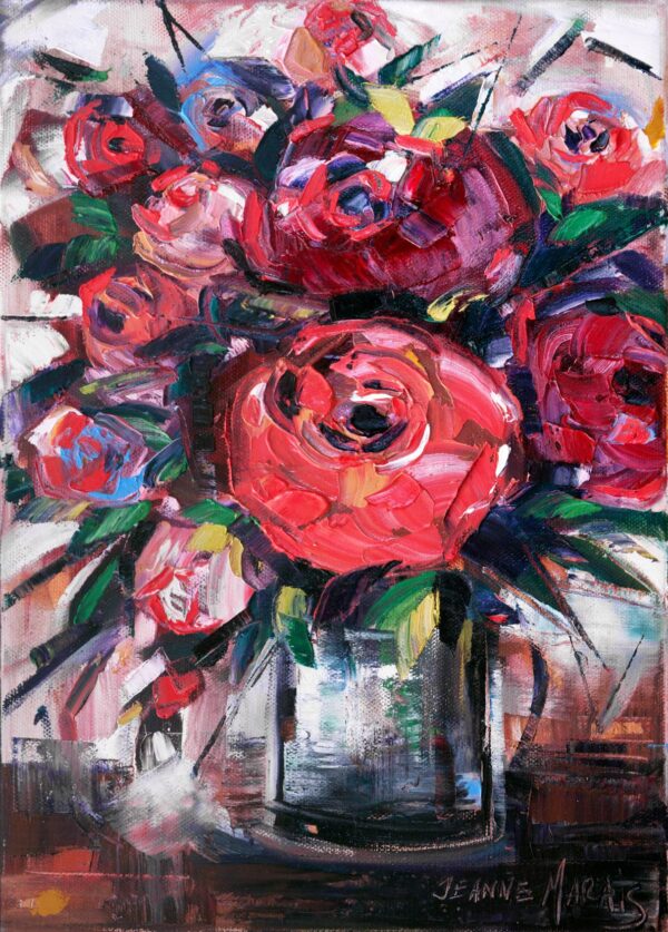 Rose Sway - Giclée print of vibrant pink, red, and purple roses in a vase. Bold brushstrokes create a lively, textured and dynamic composition