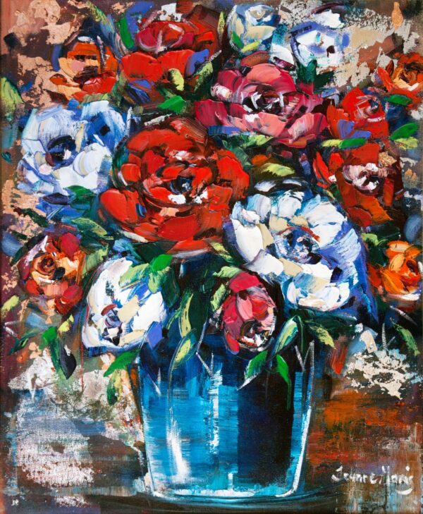 Rose Tally - Giclée print of red, white, and pink roses in a blue vase. Broad strokes create a lively, textured bouquet against an abstract background