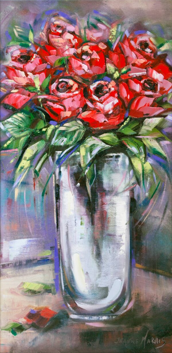 Rose Team - Giclée print of red roses with lush green leaves in a clear vase. The background features abstract brushstrokes in muted tones, creating a lively, expressive feel