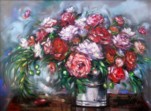 Rose Treasure - Giclée print of a flower bouquet in a vase, featuring lush, colorful blooms in shades of red, pink, and white with soft green leaves