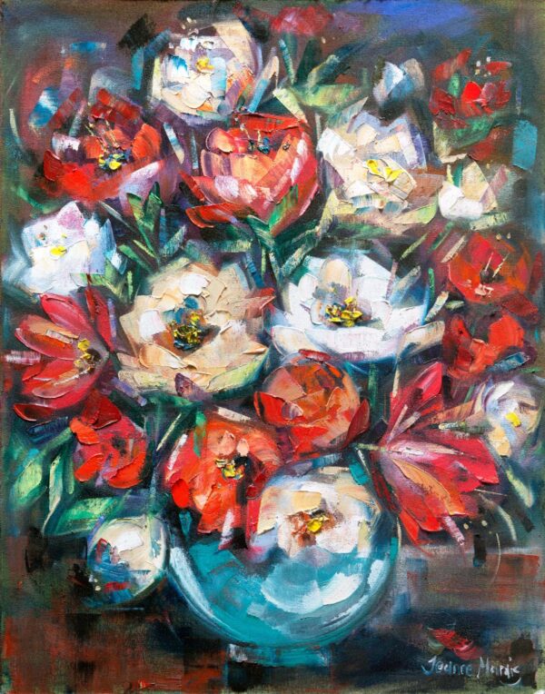 Roses and Others - Giclée print of red, orange, and white flowers in a round blue vase. Bold brushstrokes create a lively, textured composition with a colorful, energetic tone