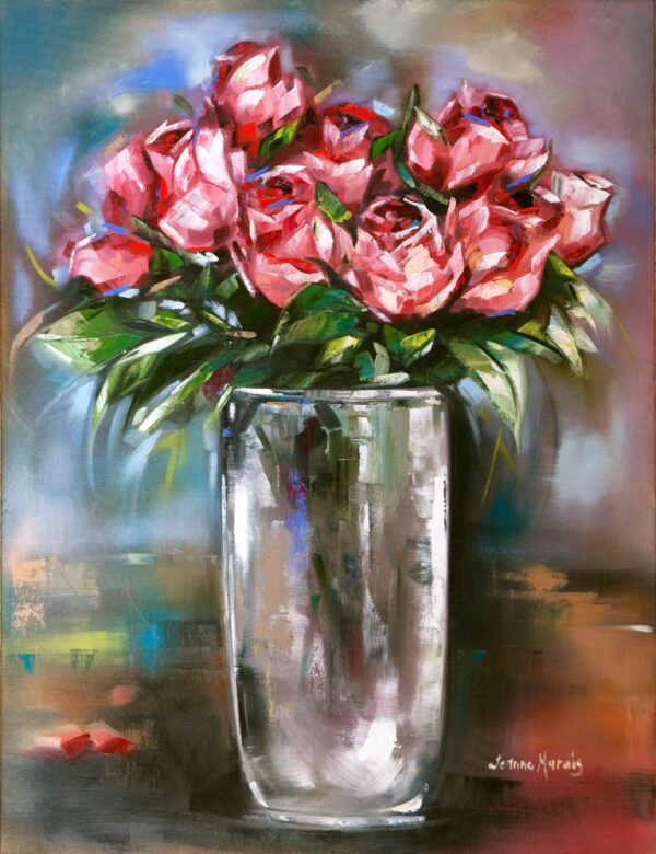 Roses Forever - Giclée print of pink roses in a tall glass vase against a colorful, abstract background. The image conveys a lively and artistic atmosphere