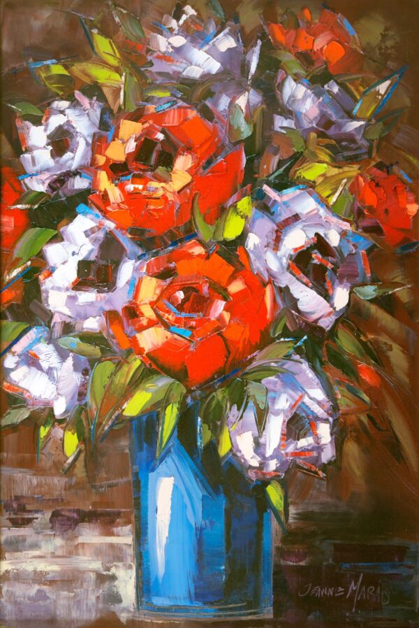 Roses in Blue - Giclée print of a bouquet of red and white roses in a blue vase. The brushstrokes are bold, creating a dynamic and lively composition