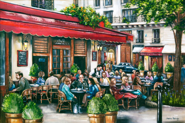 Saturday - Giclée print of oil painting of a lively Parisian street cafe scene with people seated under a red awning, chatting and drinking coffee. The atmosphere is warm and bustling, surrounded by greenery