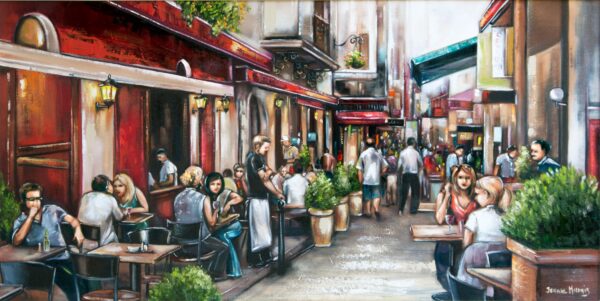 Side Ways - Giclée print of oil painting of a lively street cafe scene with people chatting and dining under red awnings. Warm lighting and greenery create a cozy, bustling atmosphere