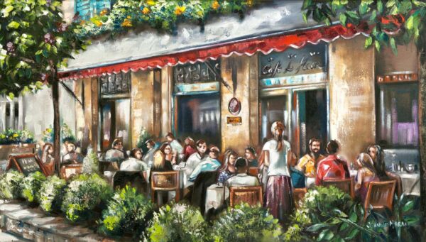 Sidewalk Treats - Giclée print of oil painting of a vibrant café scene with people dining outdoors under a red awning, surrounded by lush greenery and blooming plants. The mood is lively and relaxed