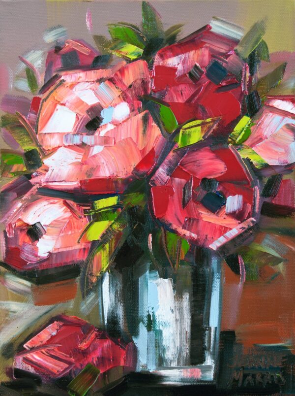 Six Roses - Giclée print of vibrant pink and red roses in impressionistic style. Thick brush strokes and green leaves add texture and boldness to the scene