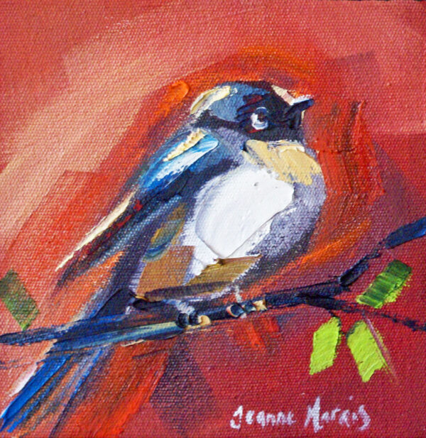 Sparrows on Red left - Giclée Print of a painting of a colorful bird perched on a branch. Bold strokes in blue, brown, and white contrast against a warm red background, creating a lively and dynamic scene