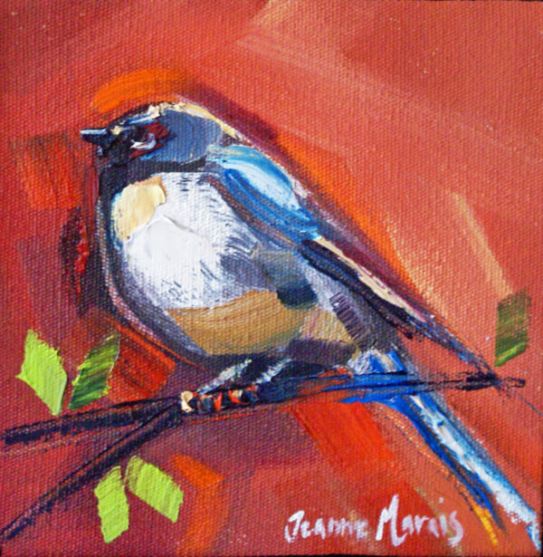 Sparrows on Red right - Giclée Print of a painting of a colorful bird perched on a branch. Bold strokes in blue, brown, and white contrast against a warm red background, creating a lively and dynamic scene