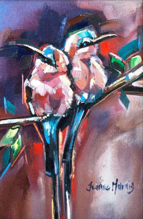 Stay Together - Giclée Print of abstract painting of two birds perched on a branch, using vivid colors like blue, red, and green. The background is a mix of deep purples. The mood is lively and dynamic