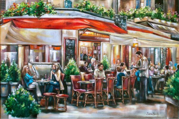 Sundown Cafe - Giclée print of oil painting of a lively café scene with people dining outside under a warm glow. Red awnings and lush plants add vibrancy. A waiter serves a table, evoking a cozy, social atmosphere