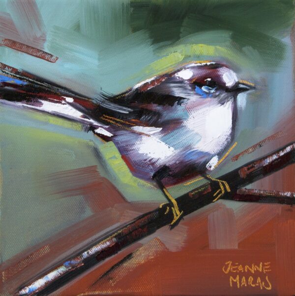 Swift - Giclée Print of a vibrant painting of a small bird perched on a branch, set against an abstract, colorful background. Bold brushstrokes convey energy and movement