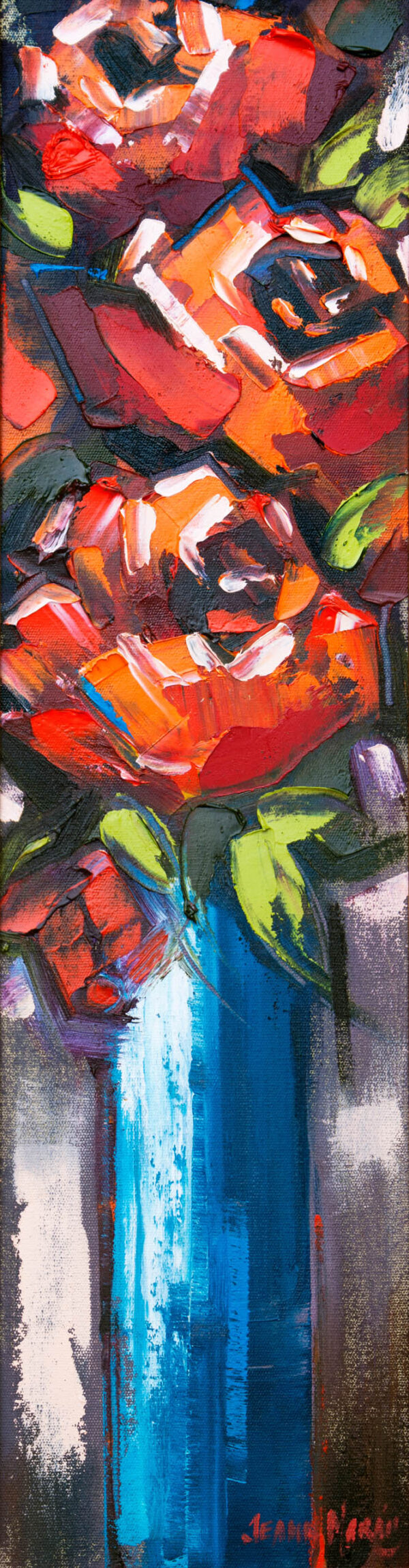 Three Roses A - Giclée print of vivid bold red and orange roses with green leaves in a tall blue vase. Energetic brush strokes create a lively, dynamic feel