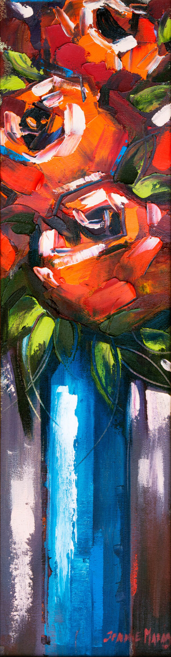 Three Roses B - Giclée print of vivid bold red and orange roses with green leaves in a tall blue vase. Energetic brush strokes create a lively, dynamic feel