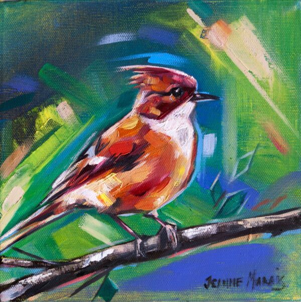 Tufted Birds left - Giclée Print of colorful painting of a small bird with a reddish-brown crest perched on a branch. Vivid green and blue abstract background evokes a lively, vibrant scene