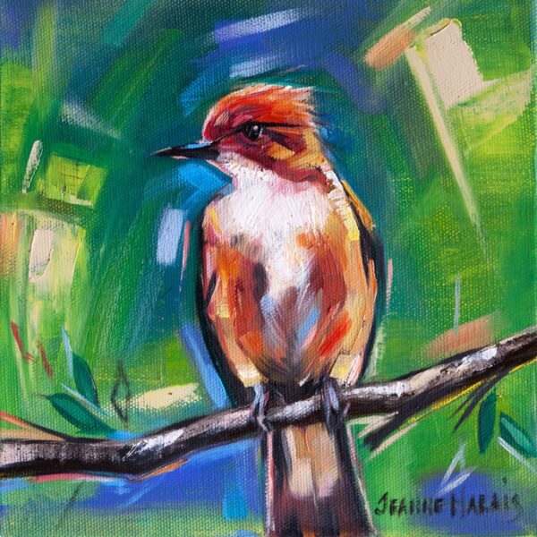 Tufted Birds right - Giclée Print of colorful painting of a small bird with a reddish-brown crest perched on a branch. Vivid green and blue abstract background evokes a lively, vibrant scene