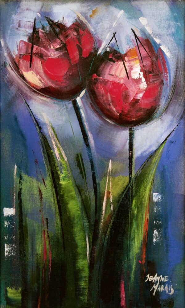 Tulip Couple - Giclée print of two red tulips with long green stems against a blue background. The brushstrokes are bold, conveying a sense of movement