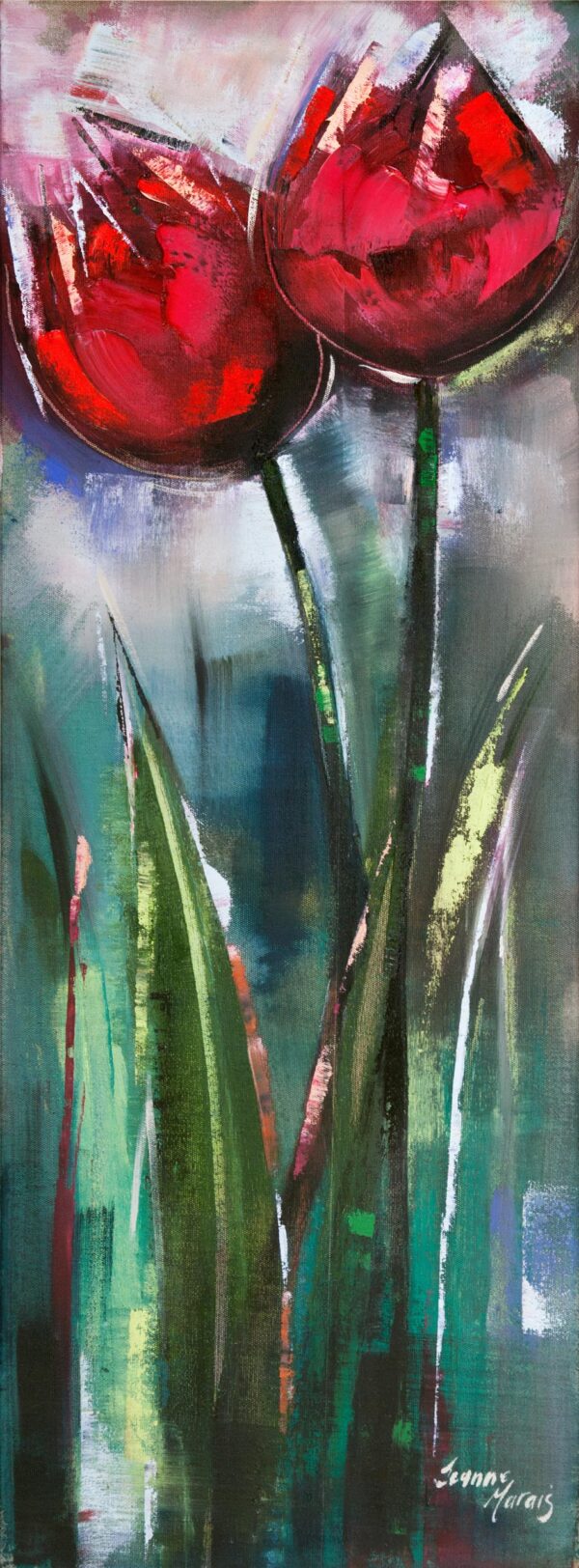 Tulip Couple long - Giclée print of two red tulips with long stems and leaves on a textured background of soft blues, greens, and grays, conveying vibrancy